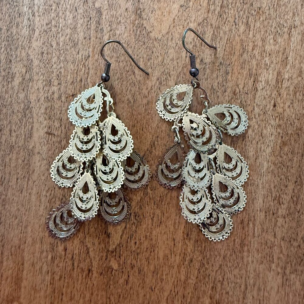 Feathered Cutout Gold-Tones Chandelier Drop Dangly Earrings